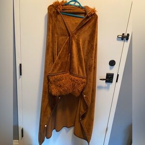 Hairy Cow Plush Brown Hooded Cape with Furry Hand Pockets